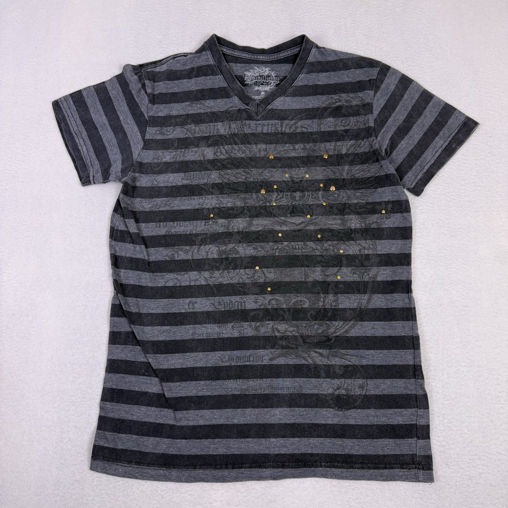 Dikotomy Men's Med V-Neck Striped Graphic T-Shirt Studded Cross Wings Distressed